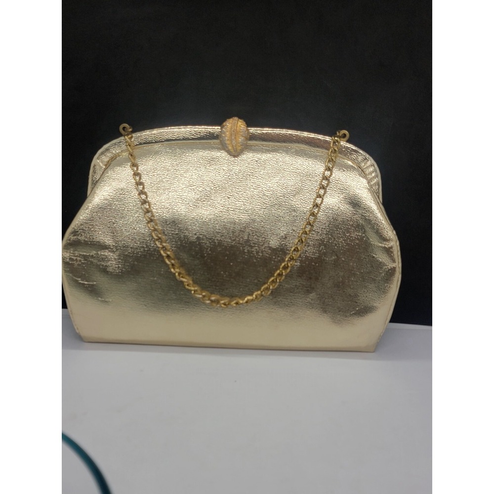 Vintage Clutch Womens Shiny Gold Purse Handbag Hollywood Regency With Chain